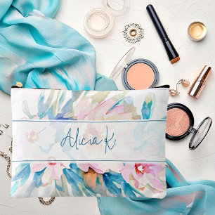 Pochette À Accessoires Fleurs aquarelles rose et bleu personnalisées