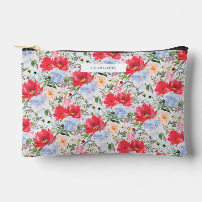Pochette À Accessoires Fleurs aquarelles rouges bleues  (Recto)