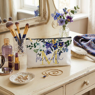 Pochette À Accessoires Fleurs bleues et jaunes personnalisées