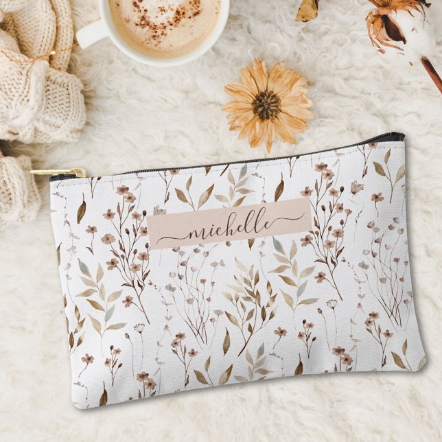 Pochette À Accessoires Fleurs botaniques marron à aquarelle et monogramme (In situ)