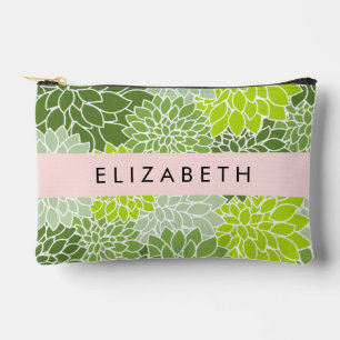 Pochette À Accessoires Fleurs Dahlia Vertes, Motif Floral, Votre Nom