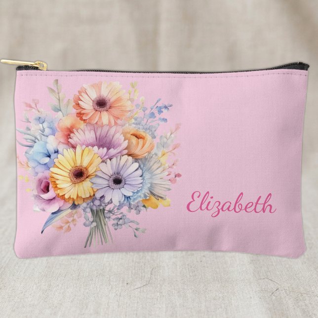 Pochette À Accessoires Fleurs de gerbera ajoutent un nom rose (Créateur téléchargé)