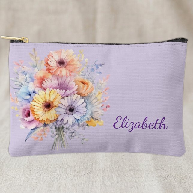 Pochette À Accessoires Fleurs de Gerbera ajoutent un nom violet (Créateur téléchargé)