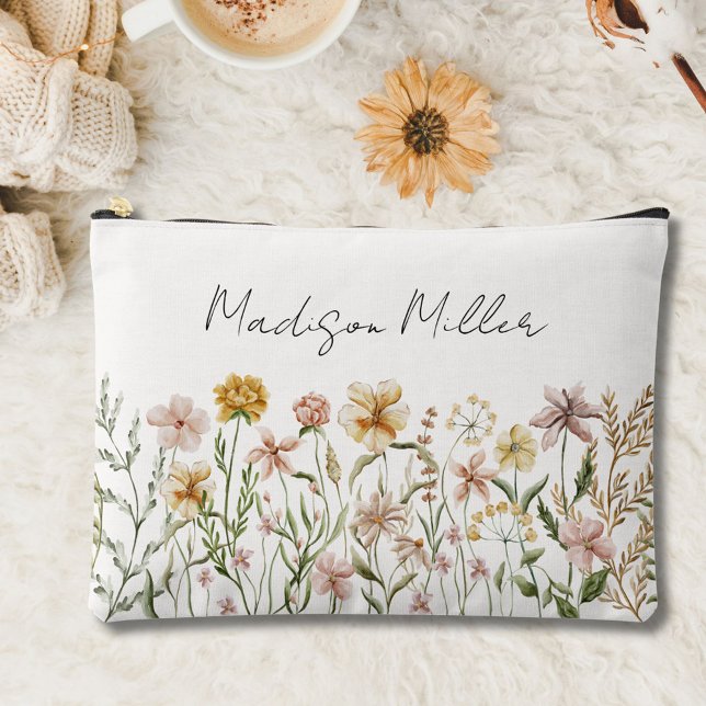 Pochette À Accessoires Fleurs de prairie sauvage aquarelle monogrammée (In situ)