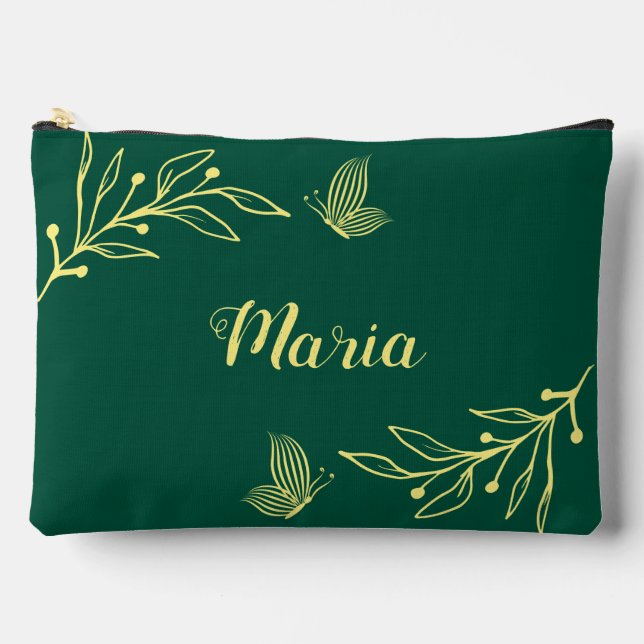Pochette À Accessoires Fleurs dorées simples vert émeraude  (Recto)