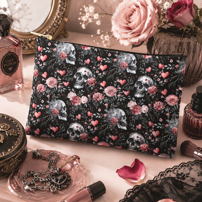Pochette À Accessoires Fleurs gothiques de crânes et de roses (Créateur téléchargé)