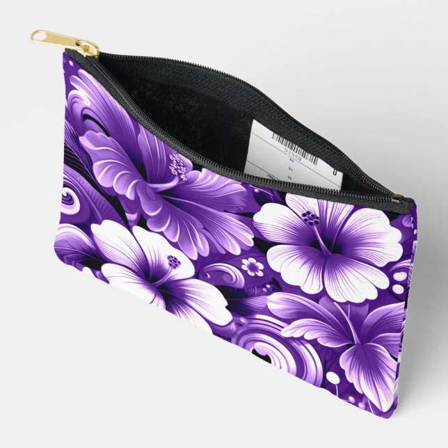 Pochette À Accessoires Fleurs hawaïennes tropicales Hibiscus Motif violet (Ouvrir)