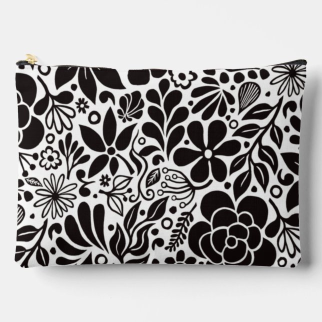 Pochette À Accessoires Fleurs noires en gras & Jardin Feuille en blanc (Recto)