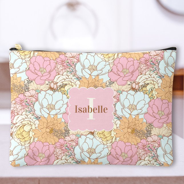 Pochette À Accessoires Fleurs rétro Floral Pastel Nom Monogramme (Retro Flowers Floral Pastel Name Monogram Accessory Pouch)