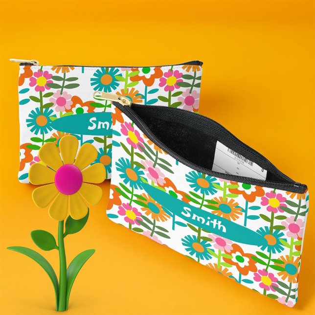 Pochette À Accessoires Fleurs Turquoise Et Orange Rétro (Créateur téléchargé)