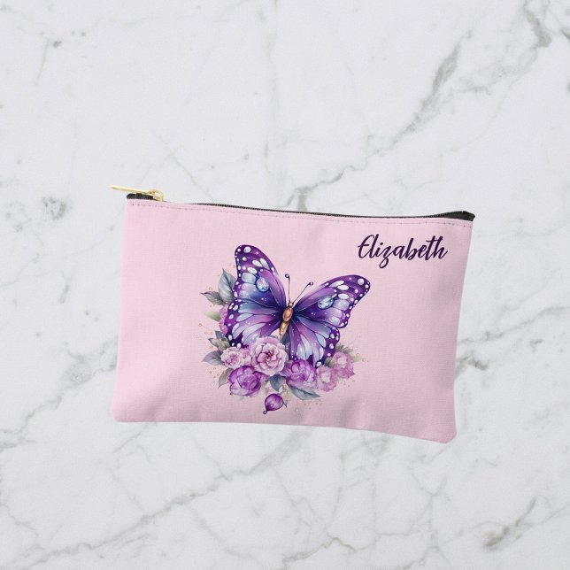 Pochette À Accessoires Fleurs violettes roses papillon (Créateur téléchargé)