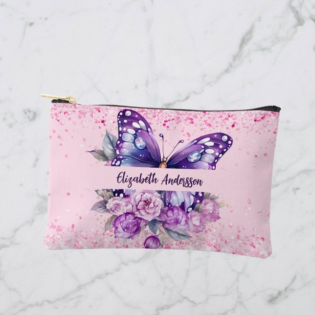 Pochette À Accessoires Fleurs violettes roses papillon (Créateur téléchargé)