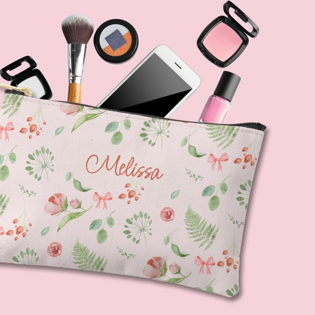Pochette À Accessoires Floral rose moderne de charme avec nom (Créateur téléchargé)
