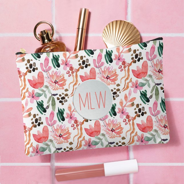 Pochette À Accessoires Floral rose Monogramme Grand (Large Pink Floral Monogrammed Accessory Pouch)