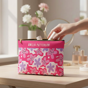 Pochette À Accessoires Floral rose tropical moderne Nom personnalisé