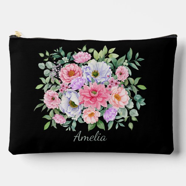 Pochette À Accessoires Florales élégantes sur noir (Recto)