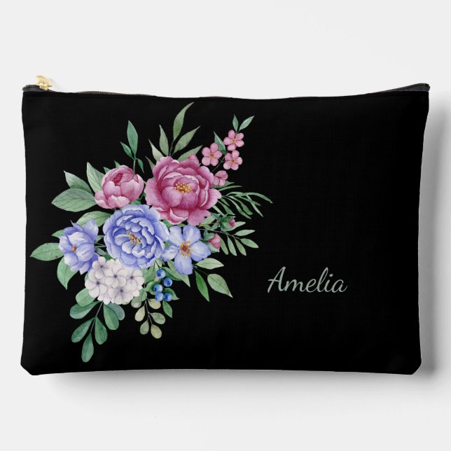 Pochette À Accessoires Florales élégantes sur noir (Recto)