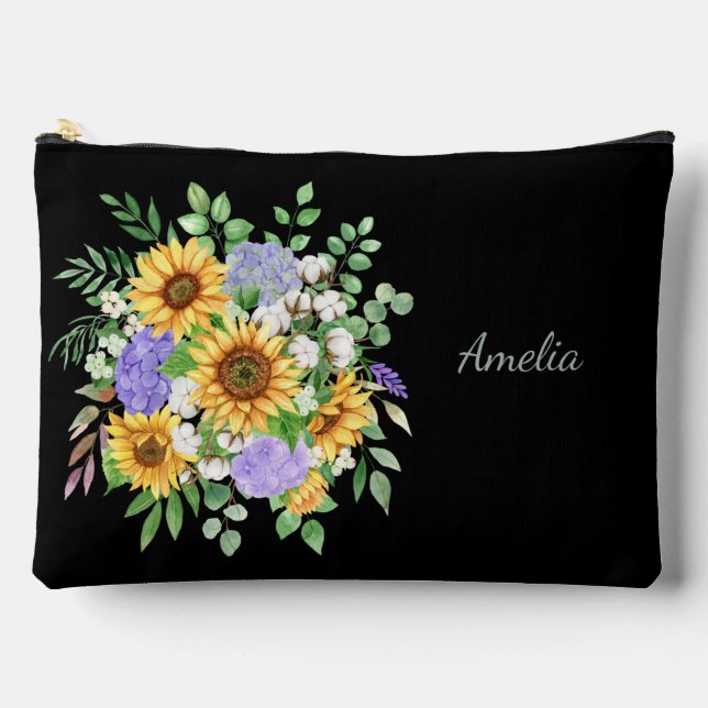 Pochette À Accessoires Florales élégantes sur noir (Recto)