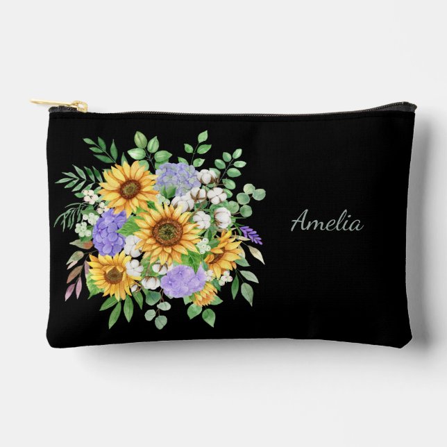 Pochette À Accessoires Florales élégantes sur noir (Recto)