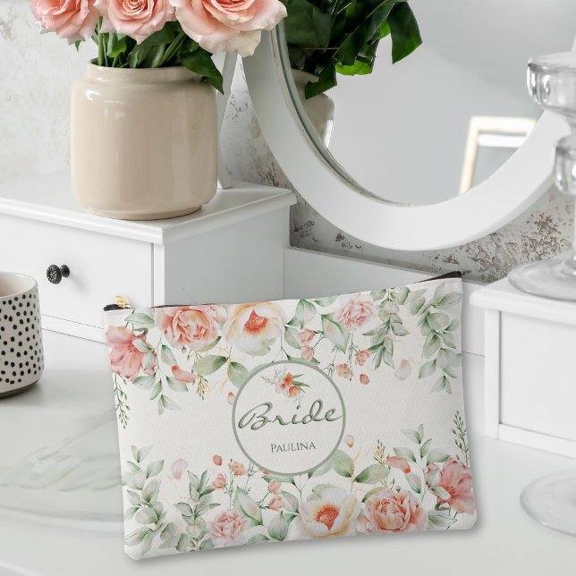Pochette À Accessoires Flore romantique corail vert pour la mariée (Créateur téléchargé)