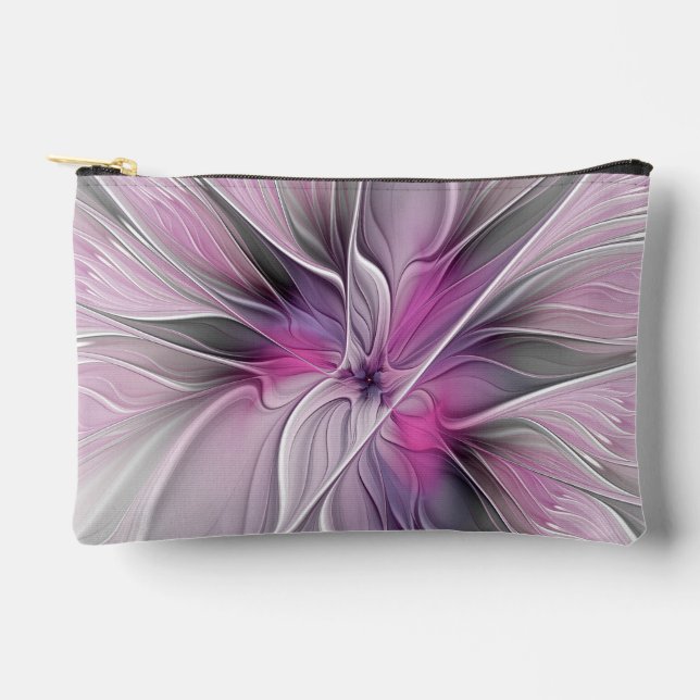 Pochette À Accessoires Fractal Floral Moderne Abstrait Fleur Rose Gris (Recto)
