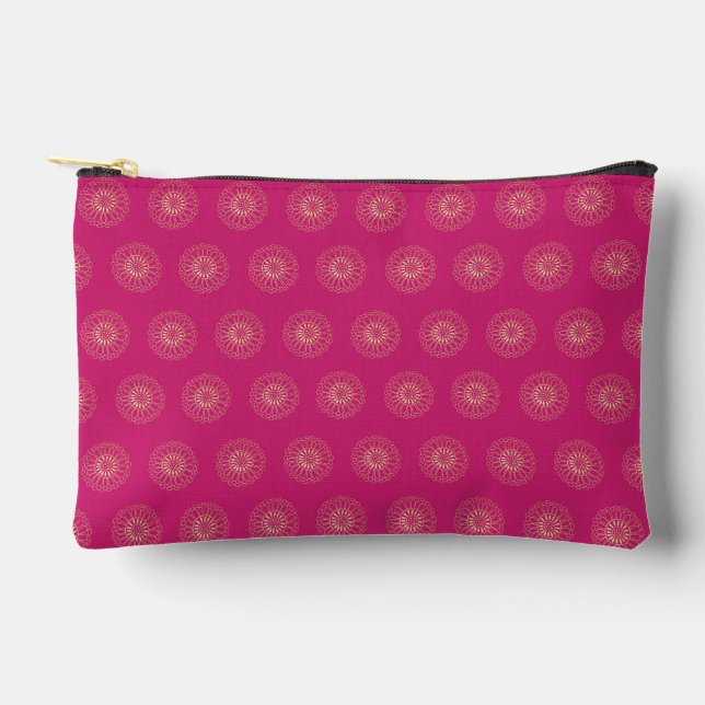 Pochette À Accessoires Fuchsia | Médaillons de fleurs de Zinnia dorées (Recto)
