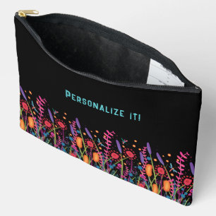 Pochette À Accessoires Fun Fleur sauvage Black Floral Nom personnalisé