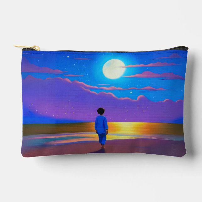 Pochette À Accessoires Garçon sur la plage, regardant la lune (Recto)