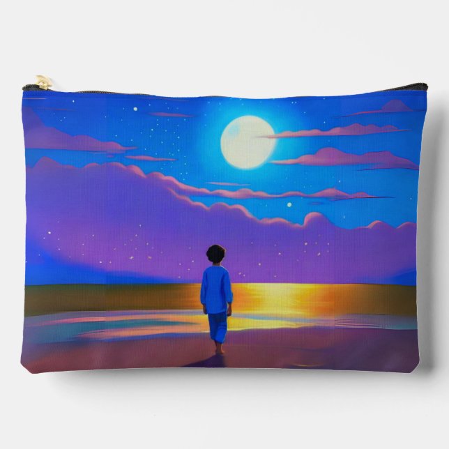 Pochette À Accessoires Garçon sur la plage, regardant la lune (Recto)