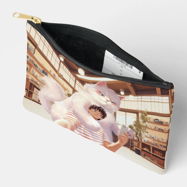 Pochette À Accessoires Géant Fluffy : Selfie de chat blanc au café rétro (Ouvrir)