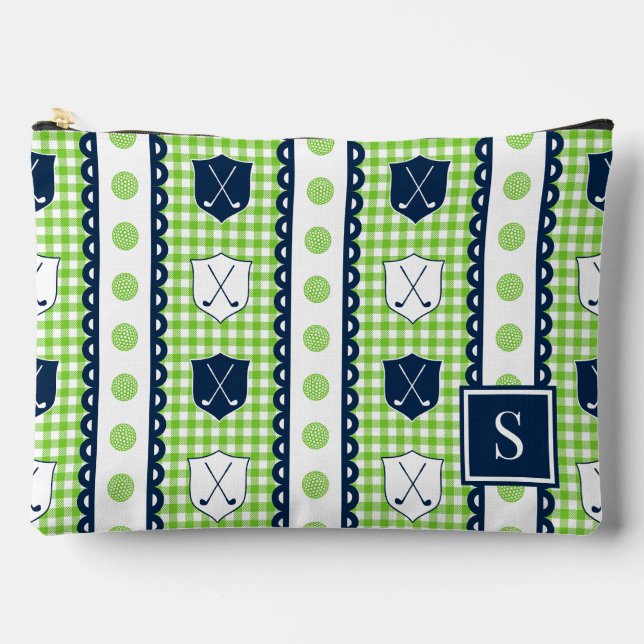 Pochette À Accessoires Gingham Crête de Golf Prépa - Vert Citron et Marin (Recto)