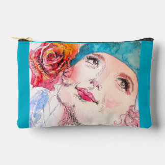 Pochette À Accessoires Girl With Red Rose and Turquoise Beret Watercolor