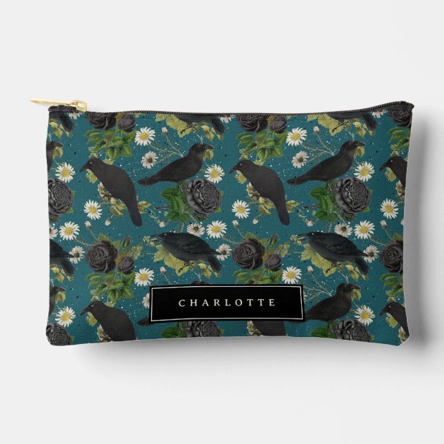Pochette À Accessoires Goth Crows et Roses noirs Profond Turquoise Motif (Recto)