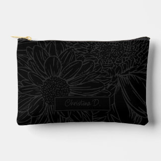 Pochette À Accessoires Grey on Black Chrysanthemums with Name