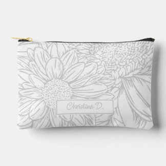 Pochette À Accessoires Grey on White Chrysanthemums with Name