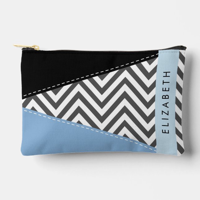 Pochette À Accessoires Grey Zigzag, Grey Chevron, Bleu, Votre Nom (Recto)