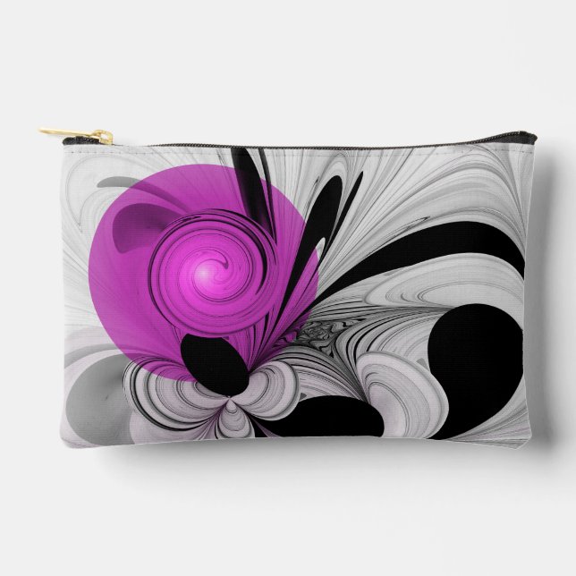 Pochette À Accessoires Gris Noir Abstrait Avec Art Fractal Magenta (Recto)