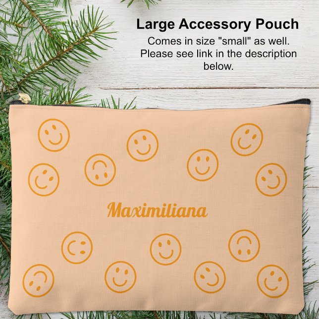 Pochette À Accessoires Happy Faces Orange on Peach- LARGE Accessoire Pouc (Large Accessory Pouch - Happy Faces Orange on Peach by Leapfroglisics Shop)