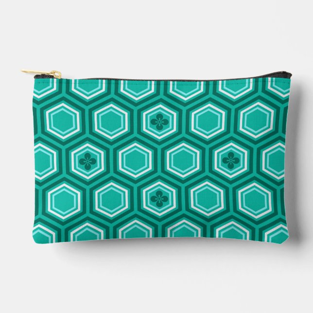 Pochette À Accessoires Hexagonal Kimono Imprimer, Turquoise, Aqua et Blan (Recto)