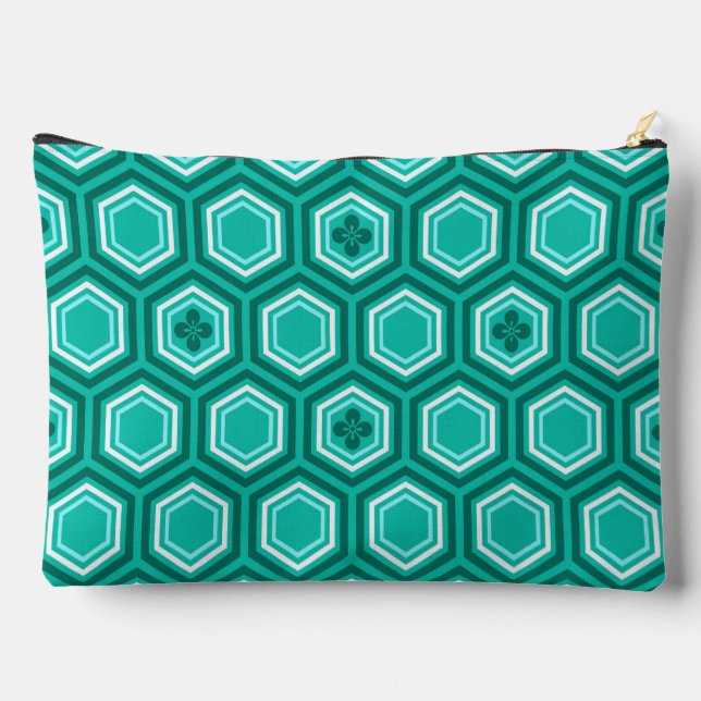 Pochette À Accessoires Hexagonal Kimono Imprimer, Turquoise, Aqua et Blan (Verso)