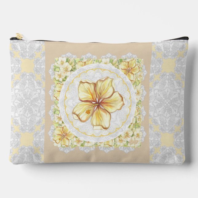Pochette À Accessoires Hibiscus & dentelle JAUNE (Recto)