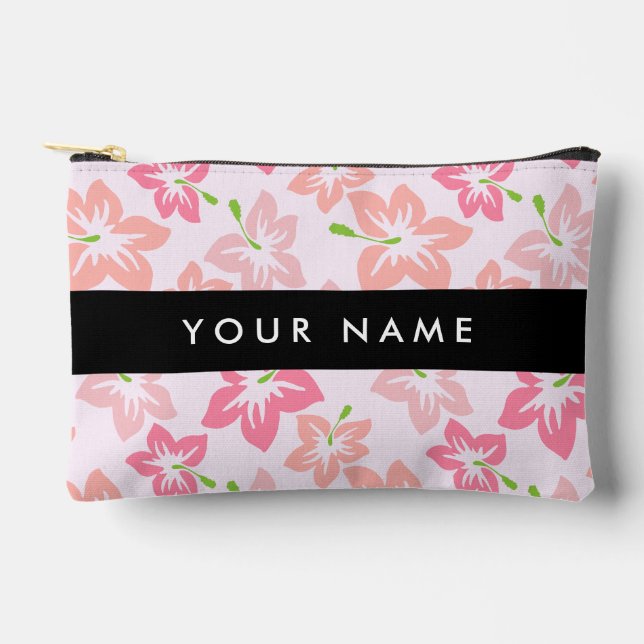 Pochette À Accessoires Hibiscus rose, Fleurs roses, Votre nom (Recto)