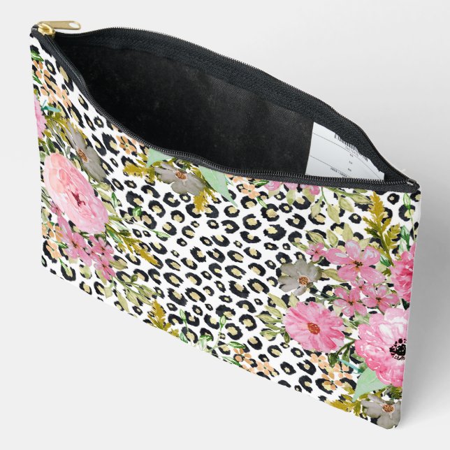 Pochette À Accessoires Impression élégante de léopard et motif floral (Ouvrir)