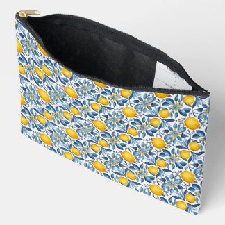 Pochette À Accessoires Imprimé botanique de citron bleu et jaune d'été