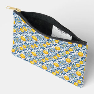 Pochette À Accessoires Imprimé botanique de citron bleu et jaune d'été