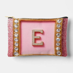 Pochette À Accessoires Initiale Diamant E Cadre Doré Fond Pailleté Rose M