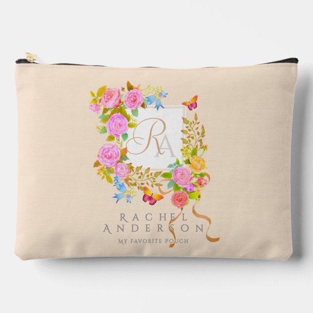 Pochette À Accessoires Jardin fleuri romantique monogramme beige (Recto)