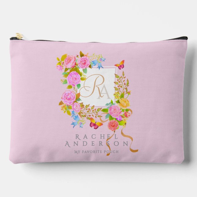 Pochette À Accessoires Jardin fleuri romantique Monogramme Rose (Recto)