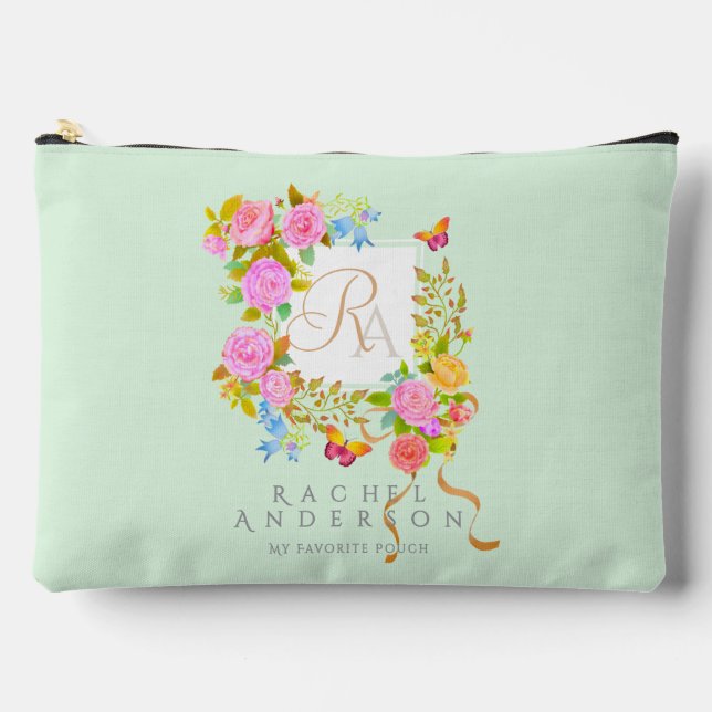 Pochette À Accessoires Jardin fleuri romantique Monogramme Vert (Recto)