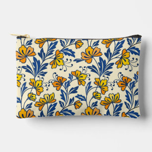 Pochette À Accessoires Jaune Orange Floral Vintage Folk Bleu Feuille